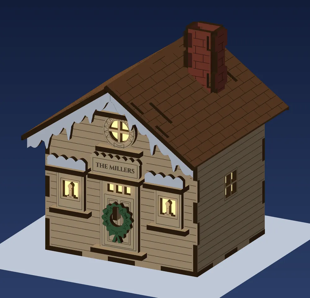 The Icicle Cottage lit up at night