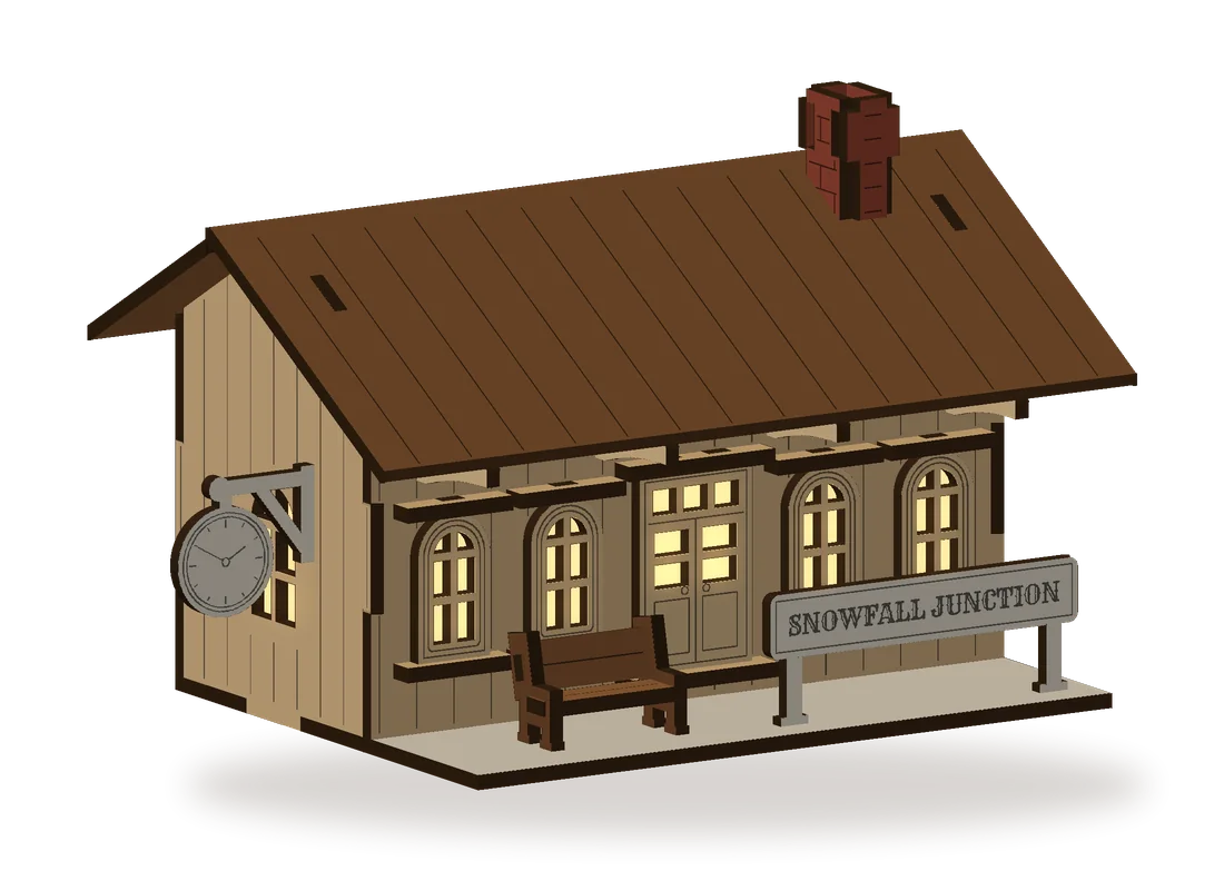 The finished Train Depot with its windows lit