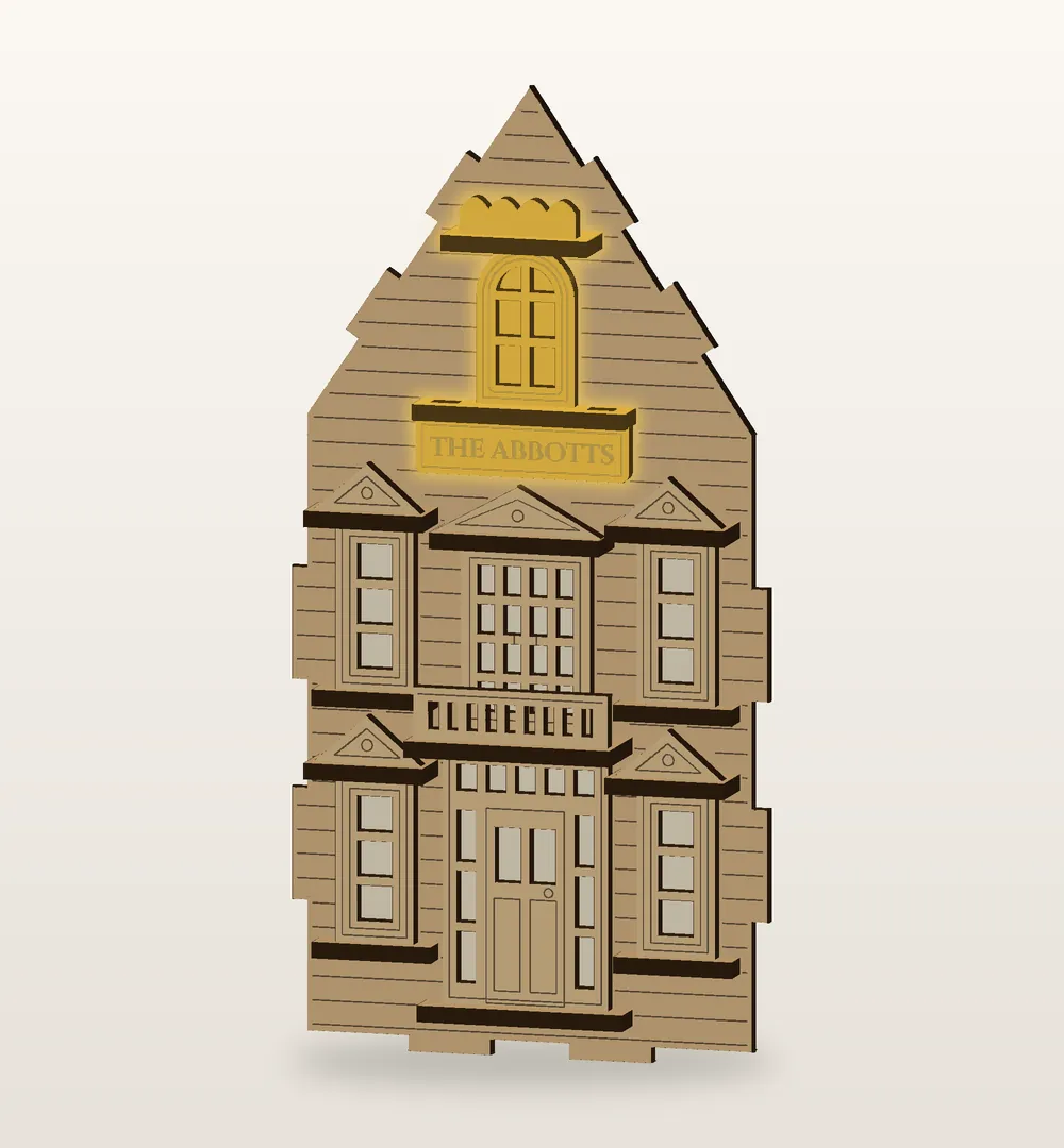 Step 5, the gable window and your name: the new pieces shown in gold